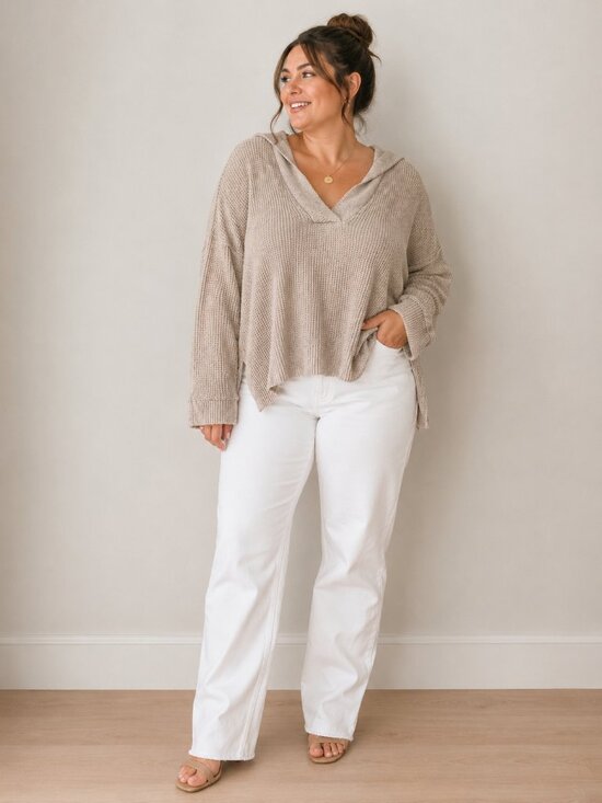 aerie Sweaters - aerie Beige Taupe V-Neck Hooded Waffle Knit Sweater
